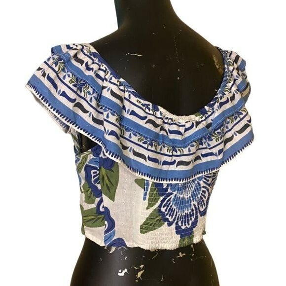 NEW Rachel Zoe Blue Floral Print Ruffle Off Shoulder Blouse Size Medium - Picture 4 of 6